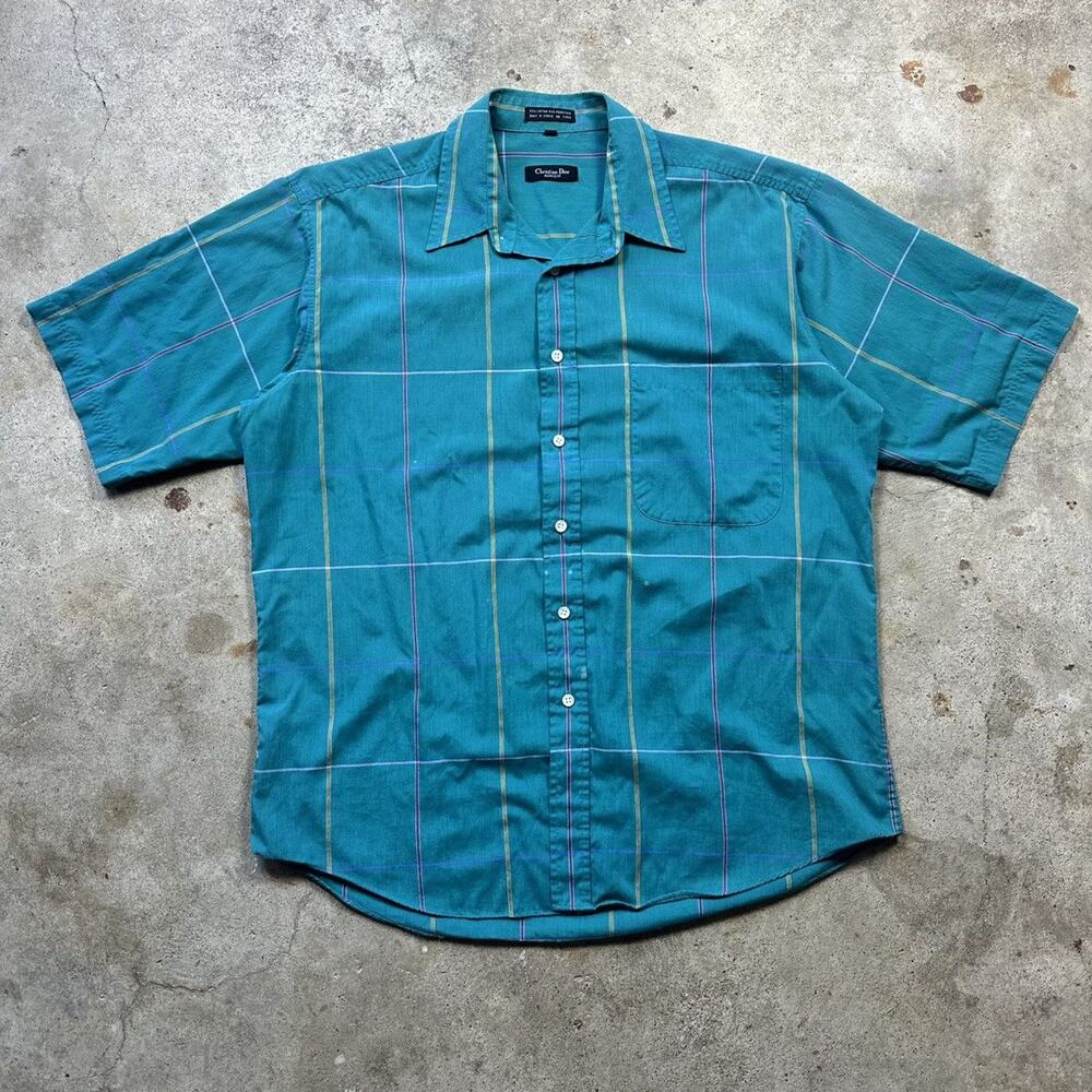 Vintage 90s Christian Dior Turquoise Short Sleeve Button Up Shirt Size L